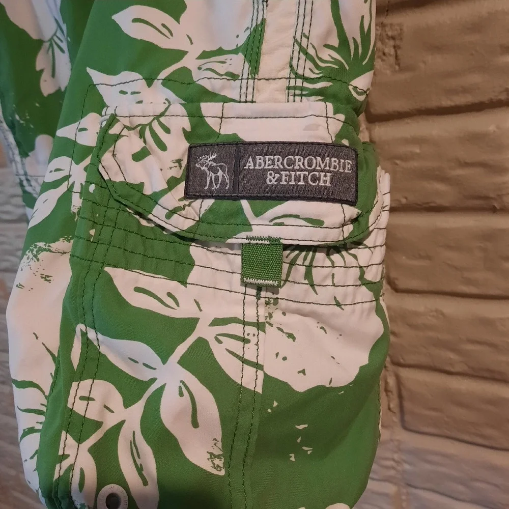 Vtg Abercrombie & Fitch Swim‎ Trunks Mens 36? Green Hawaiian Y2K Cargo Lined
